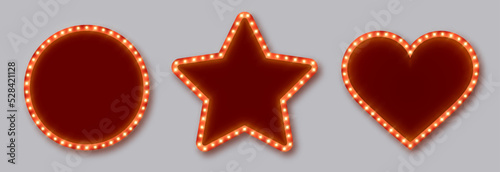 Obraz na płótnie Marquee frames with red border, retro casino signboards with white background and light bulbs. Vintage circus banners in different shapes - circle, star, heart. Vector illutration. w salonie