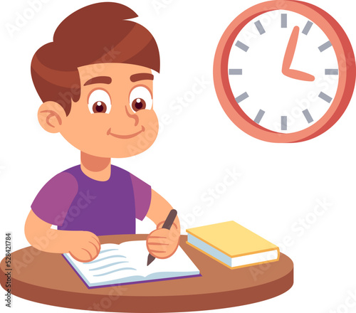 Boy doing school homework. Kid student character