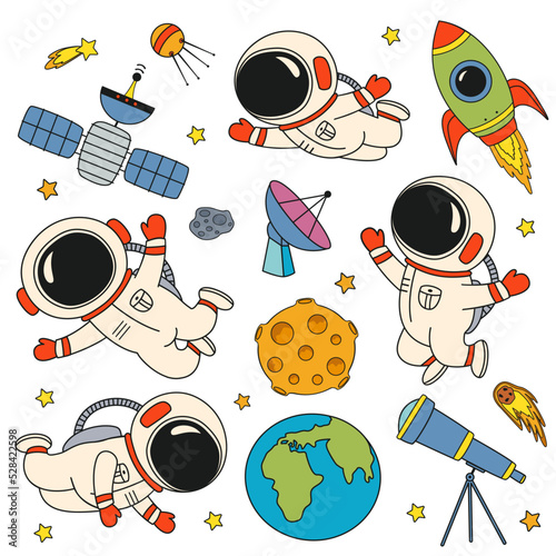 set of isolated cute astronaut, rocket, Earth,Moon