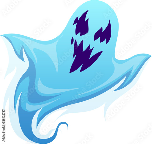 Ghost character. Halloween scary ghostly monster, spooks phantom, simple isolated object, horror party decor, flying blue silhouette with evil face, vector cartoon nightmare illustration