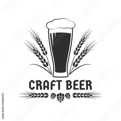 Craft beer logo or icon. Brewery label, badge with beer glass or pint, hop and wheat. Alcohol drink, bar or pub emblem design. Vector illustration.