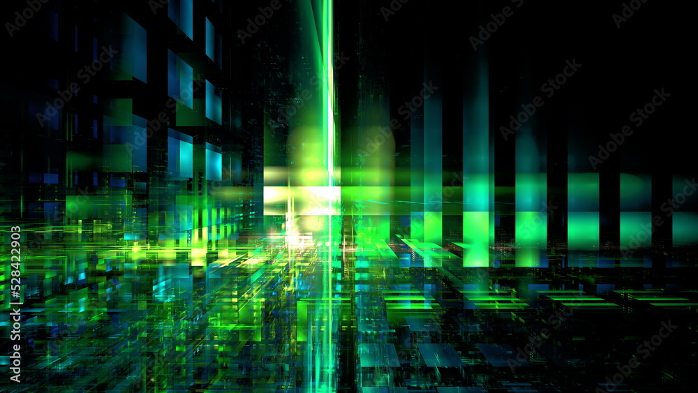 Obraz premium Abstract glowing geometric background. Modern digital technologies, an element of design and decoration. Geometric fantasy glow neon line background, technology banner. 3d render
