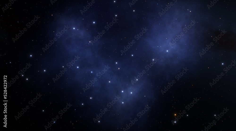 Distant space, billions of stars, planets and galaxies in the universe. The light of distant stars in deep space, a journey through the universe. 3d render