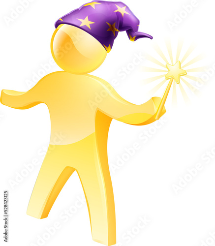 A gold wizard mascot waving...