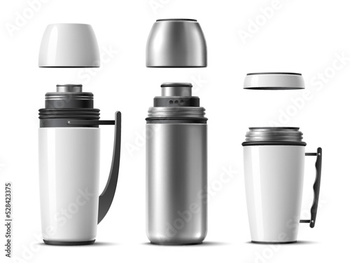 Opening cup thermos. Different types realistic opened thermo flasks with swirling cup caps, maintaining drinks temperature, travel containers for hot beverages, 3d objects, utter vector set