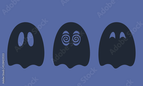 Cute ghost with different emotions. Halloween character in black flat style.
