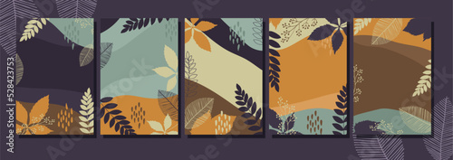 Vector set of abstract backgrounds with copy space for text - autumn sale - bright vibrant banners, posters, cover design templates, social media stories wallpapers with retro leaves