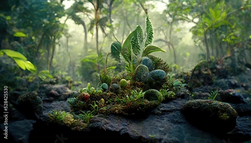 Tableau sur toile Jungle landscape green plants, creepers, rocks and trees,