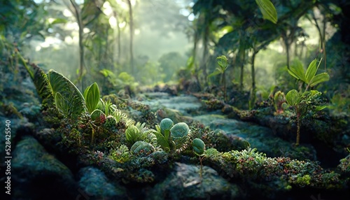 Print op canvas Jungle landscape green plants, creepers, rocks and trees,