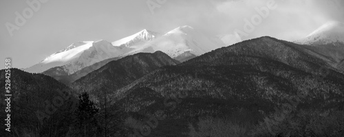 Bulgaria Pirin peaks mountain banner, bw