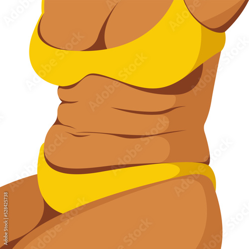 vector image on the theme of body positivity. a curvy plump girl sits in yellow underwear and is not shy by belly rolls and the fat folds on her body. isolated on white background. love your body.