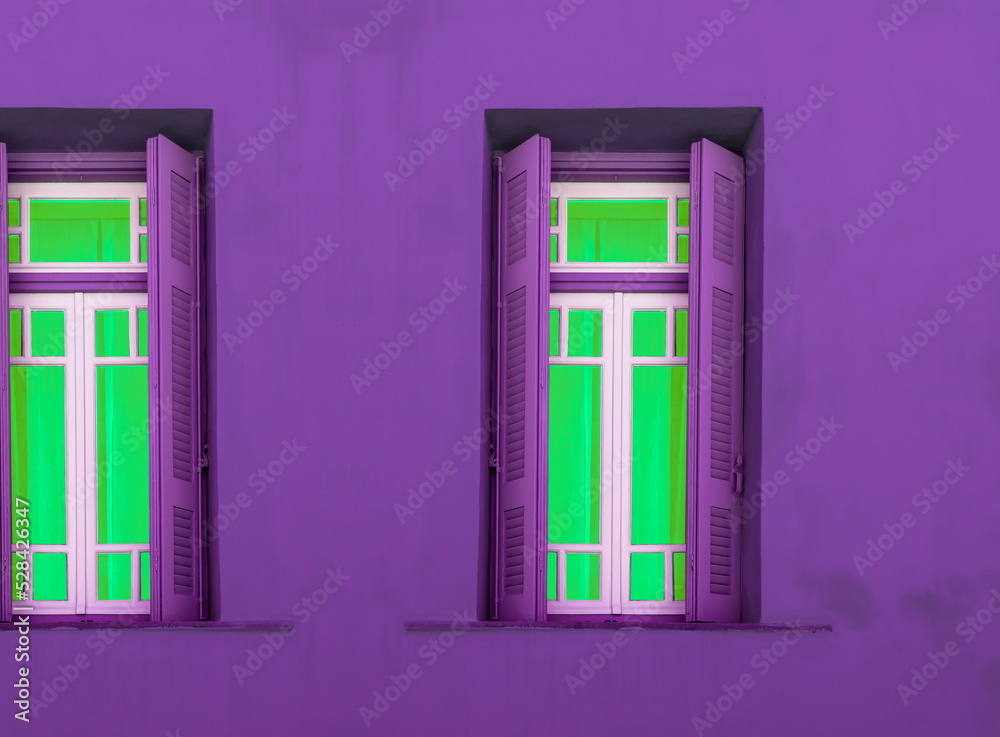 old window green with purple wall old window green with purple wall