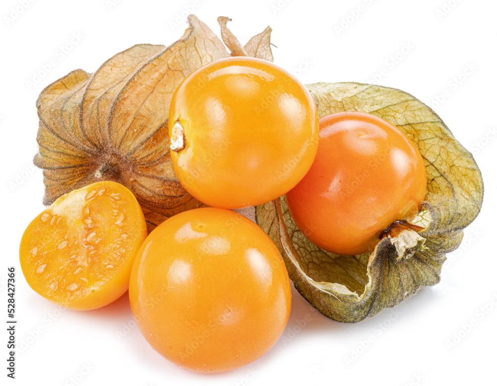 Ripe physalis or golden berry fruits in calyx isolated on white background. Ripe physalis or golden berry fruits in calyx isolated on white background.