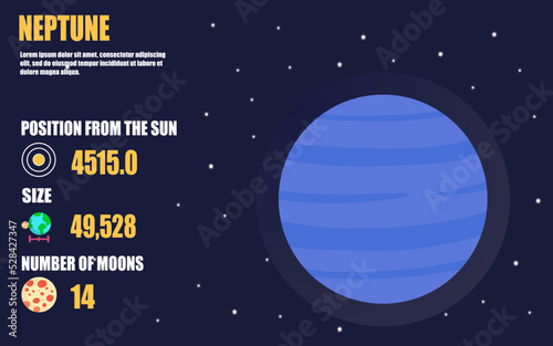 Neptune planet infographic including planet size, position from sun, moons on outer space background 