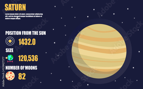 Saturn planet infographic including planet size, position from sun, moons on outer space background 