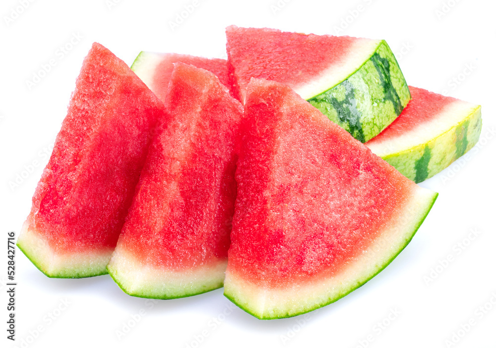 Three slices of watermelon without watermelon seeds isolated on white background. Three slices of watermelon without watermelon seeds isolated on white background.