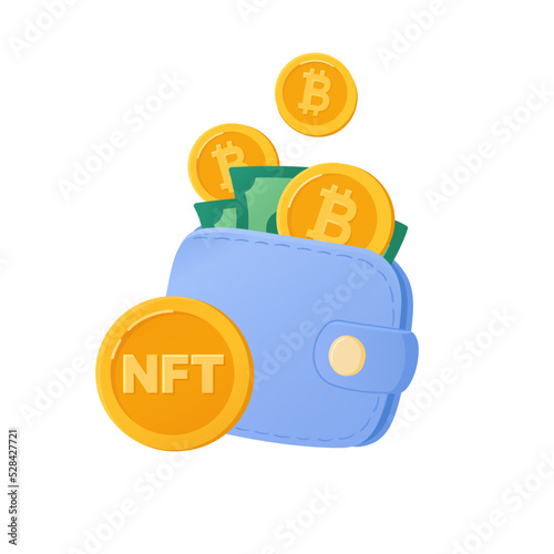 NFT. Crypto wallet with coins vector illustration. Blockchain wallet technology,  bitcoin. The concept of using cryptocurrency along with conventional money, dollars