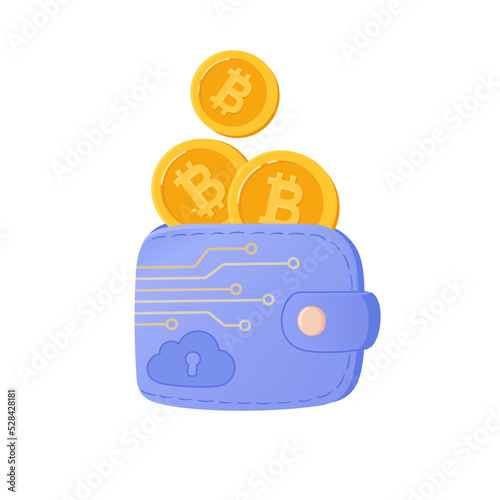 Crypto wallet with coins vector illustration. Blockchain wallet technology, for bitcoin cryptocurrency. The digital wallet is securely protected on the cloud, safe.