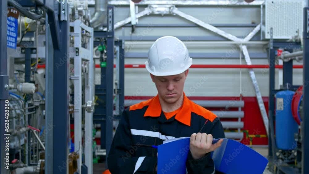 A process engineer at work in a workshop inspects process equipment and records equipment parameters in a shift log. Engineer in a white hard hat at an industrial factory in the workplace. A process engineer at work in a workshop inspects process equipment and records equipment parameters in a shift log. Engineer in a white hard hat at an industrial factory in the workplace.