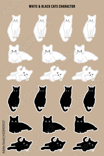 Set of black and white cute cat character design stickers.