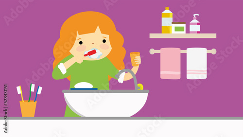 red-haired girl brushing her teeth