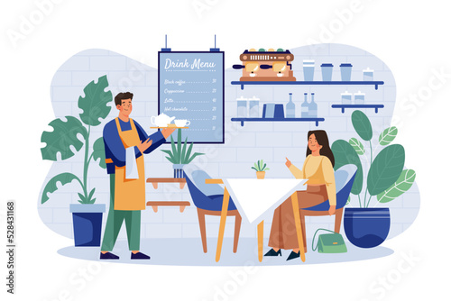 Young Handsome Waiter Servicing Girl Customer in Cafe