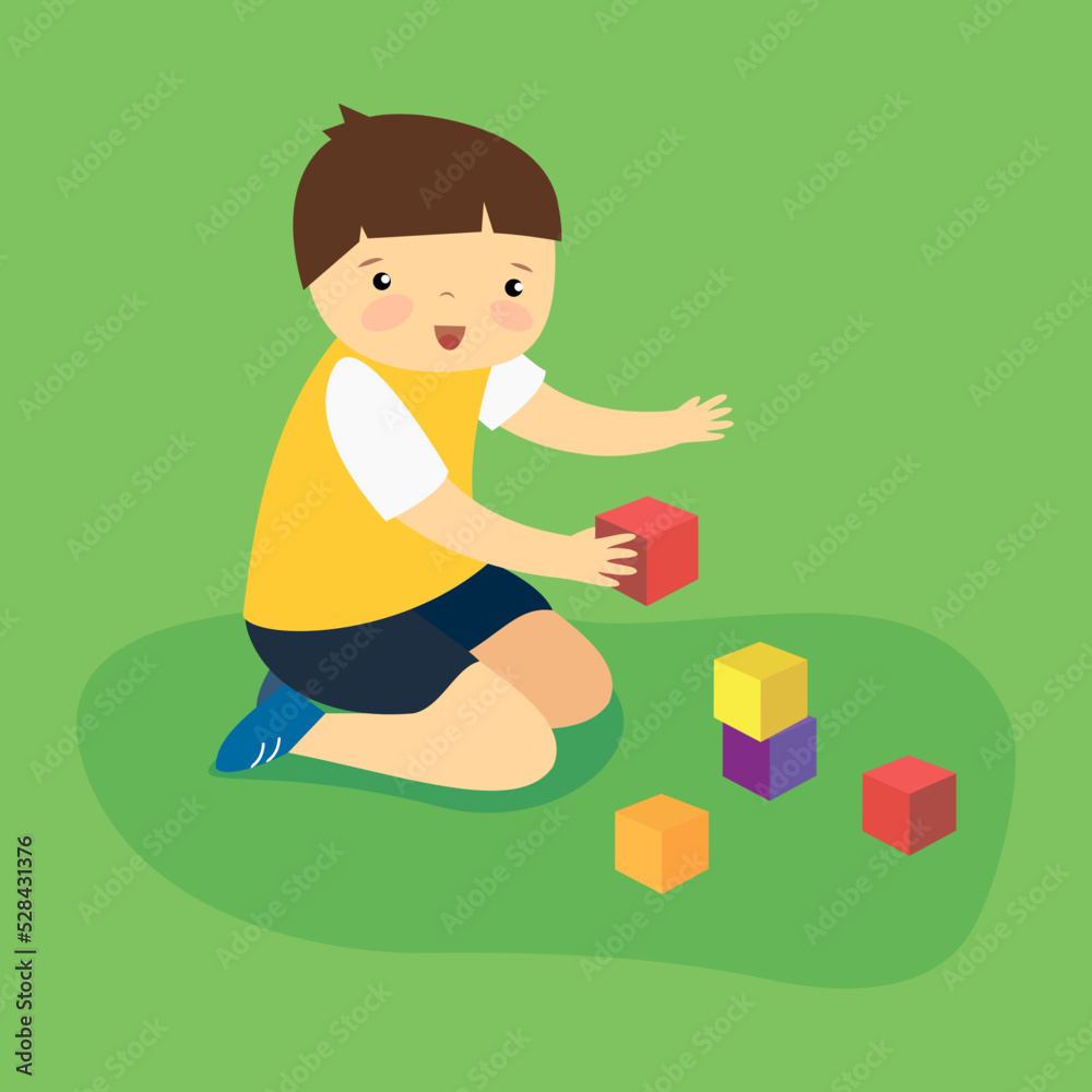 Boy playing with colorful cubes, illustration Boy playing with colorful cubes, illustration