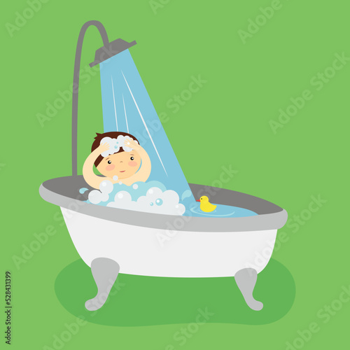 boy taking a bath on a green background