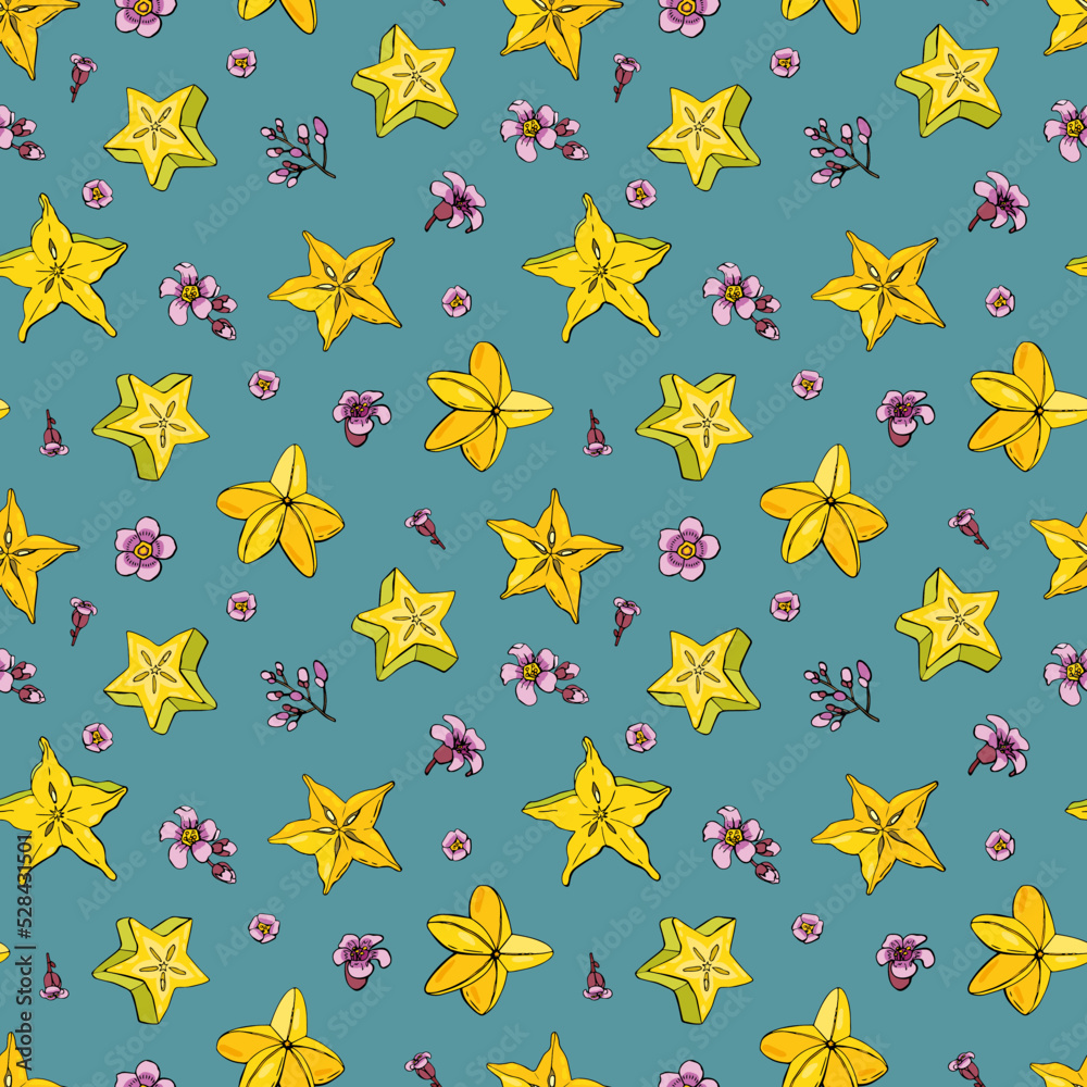 Carambola. Fruit seamless pattern with Carambola. Design for fabric, textile, wallpaper, packaging.
Carambola. Fruit seamless pattern with Carambola. Design for fabric, textile, wallpaper, packaging.