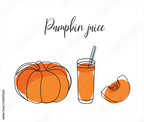 Outline drawing of pumpkin juice. Contour of a pumpkin and pumpkin juice with bright abstract elements. Autumn Thanksgiving vector illustration. Autumn pumpkin line art. Minimalist art