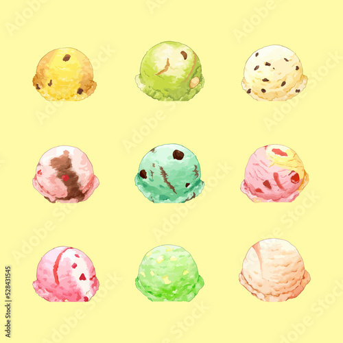 Watercolor set of Ice cream scoops with different flavors. Hand drawn illustration isolated on background.