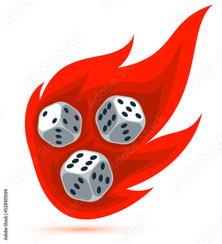 Dice with flames falling vector 3d illustration, gambling games design, board games, realistic cubes fortune luck.