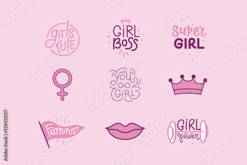 Vector set of stickers and badges in simple style with hand-lettering phrases girl power, girls can - stylish print for poster or t-shirt - feminism quotes and woman motivational slogans