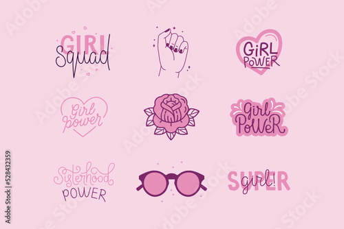 Vector set of stickers and badges in simple style with hand-lettering phrases girl power, girls can - stylish print for poster or t-shirt - feminism quotes and woman motivational slogans