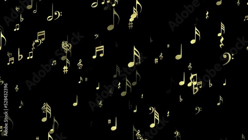 Floating colorful music notes. Isolated exploding icons. Animation. White background. 4k overlay. 23,98 fps