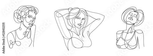 Woman beauty face vector linear illustrations set, delicate line art of attractive girl portraits collection, abstract feminine drawings minimal style isolated.