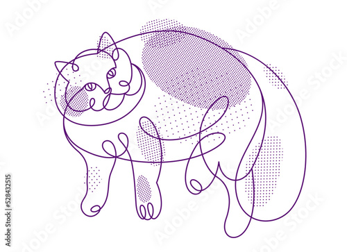 Fat and lazy cat line art vector illustration, linear drawing of pussycat relaxing, minimal outline sketch of cute domestic pet.