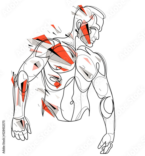 Linear drawing of a perfect body fit model man posing vector illustration isolated, muscular macho sexy guy with naked torso topless.