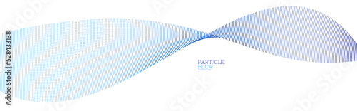 Blue airy particles flow vector design, abstract background with wave of flowing dots array, digital futuristic illustration, nano technology theme.