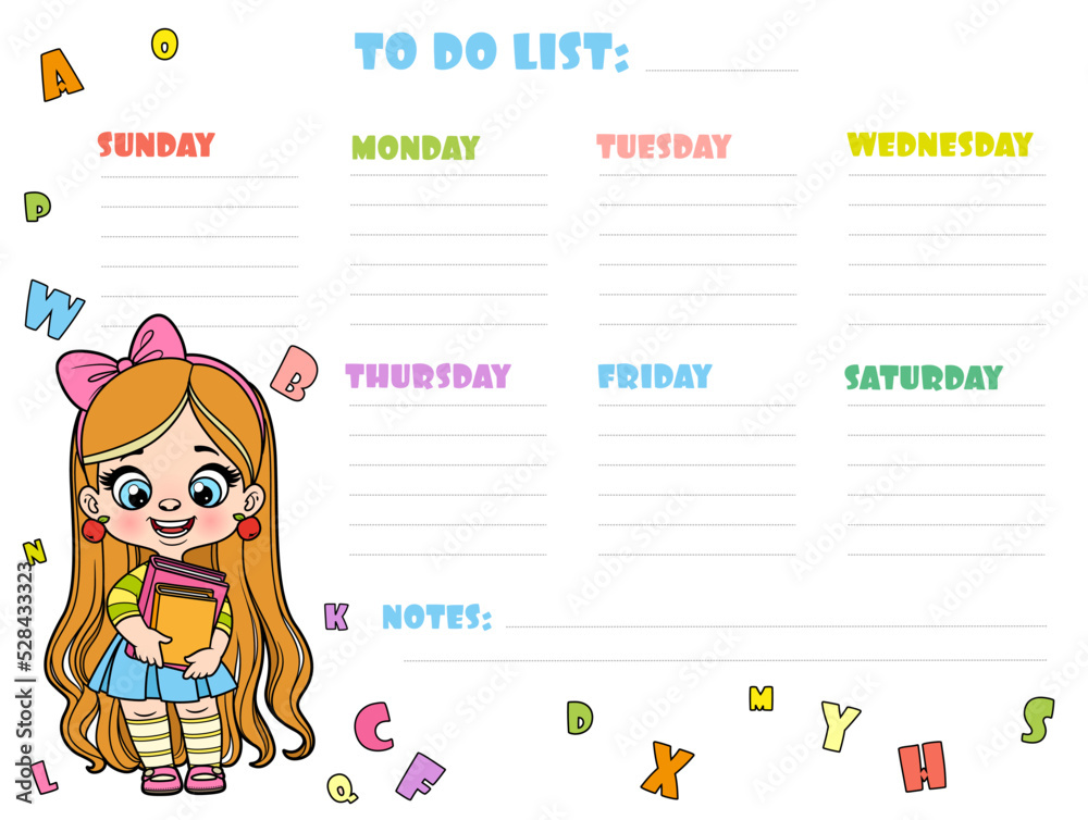 Fototapeta premium To do list for writing plans for the week with a cute cartoon schoolgirl with textbooks