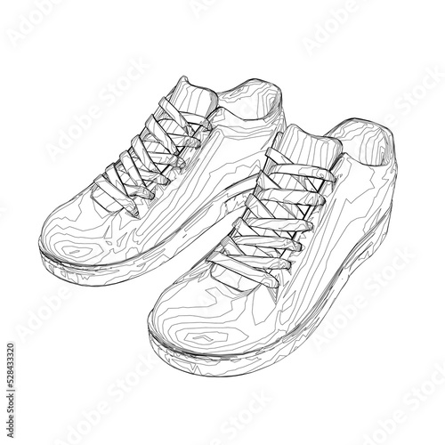 Wireframe of sports sneakers from black lines isolated on white background. Isometric view. 3D. Vector illustration.