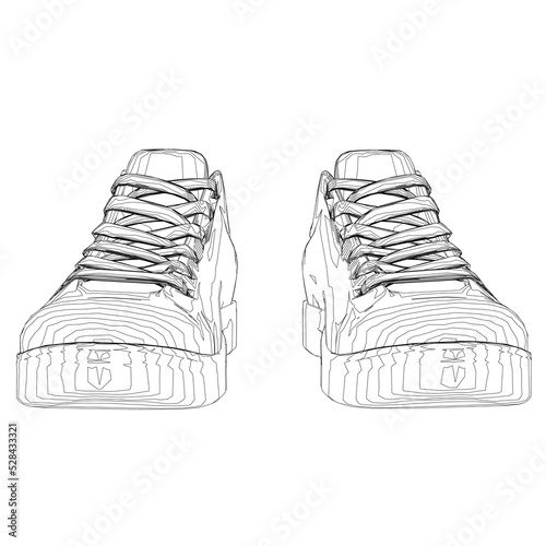 Wireframe of sports sneakers from black lines isolated on white background. Front view. 3D. Vector illustration.