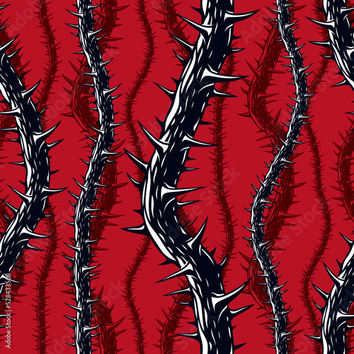 Horror art style seamless pattern, vector background. Blackthorn branches with thorns stylish endless illustration. Hard Rock and Heavy Metal subculture music textile fashion stylish design.