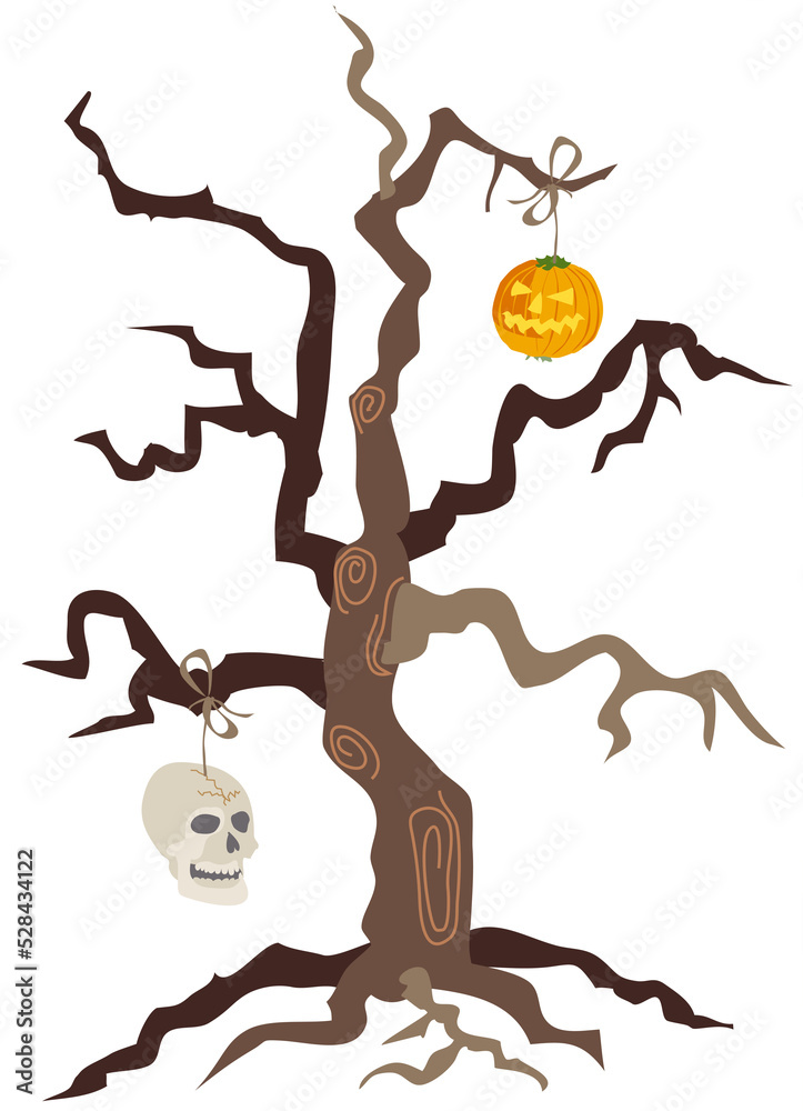 Halloween icon old tree with skull and lantern isolated Halloween icon old tree with skull and lantern isolated