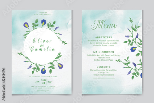 wedding invitation with butterfly pea flower watercolor