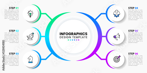 Infographic template. 6 circles with icons connected to the center