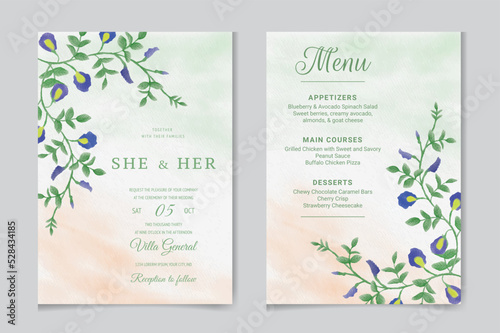 wedding invitation with butterfly pea flower watercolor