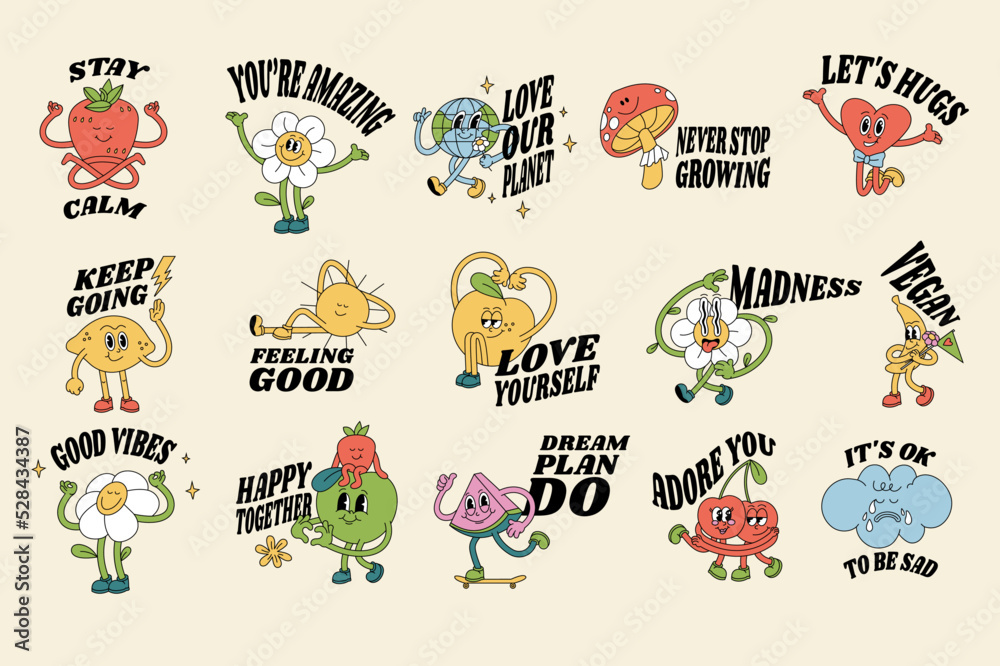 Vector illustration set of characters ìn retro style and typography quote. Groovy stickers with for print.