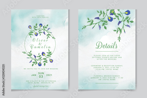 wedding invitation with butterfly pea flower watercolor