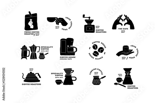 Vector set of logos for coffee shop. Icons of different methods of brewing coffee.